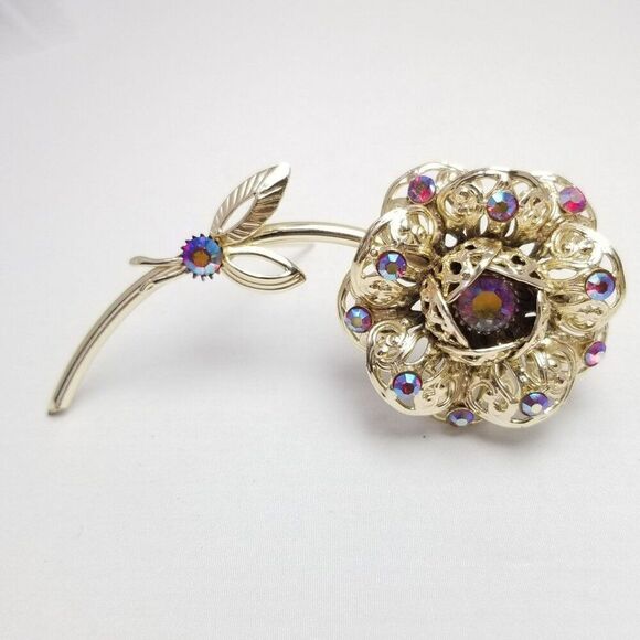 Vintage Sarah Coventry Pink AB Rhinestone Flower Brooch, Gold Tone Estate - Picture 5 of 6